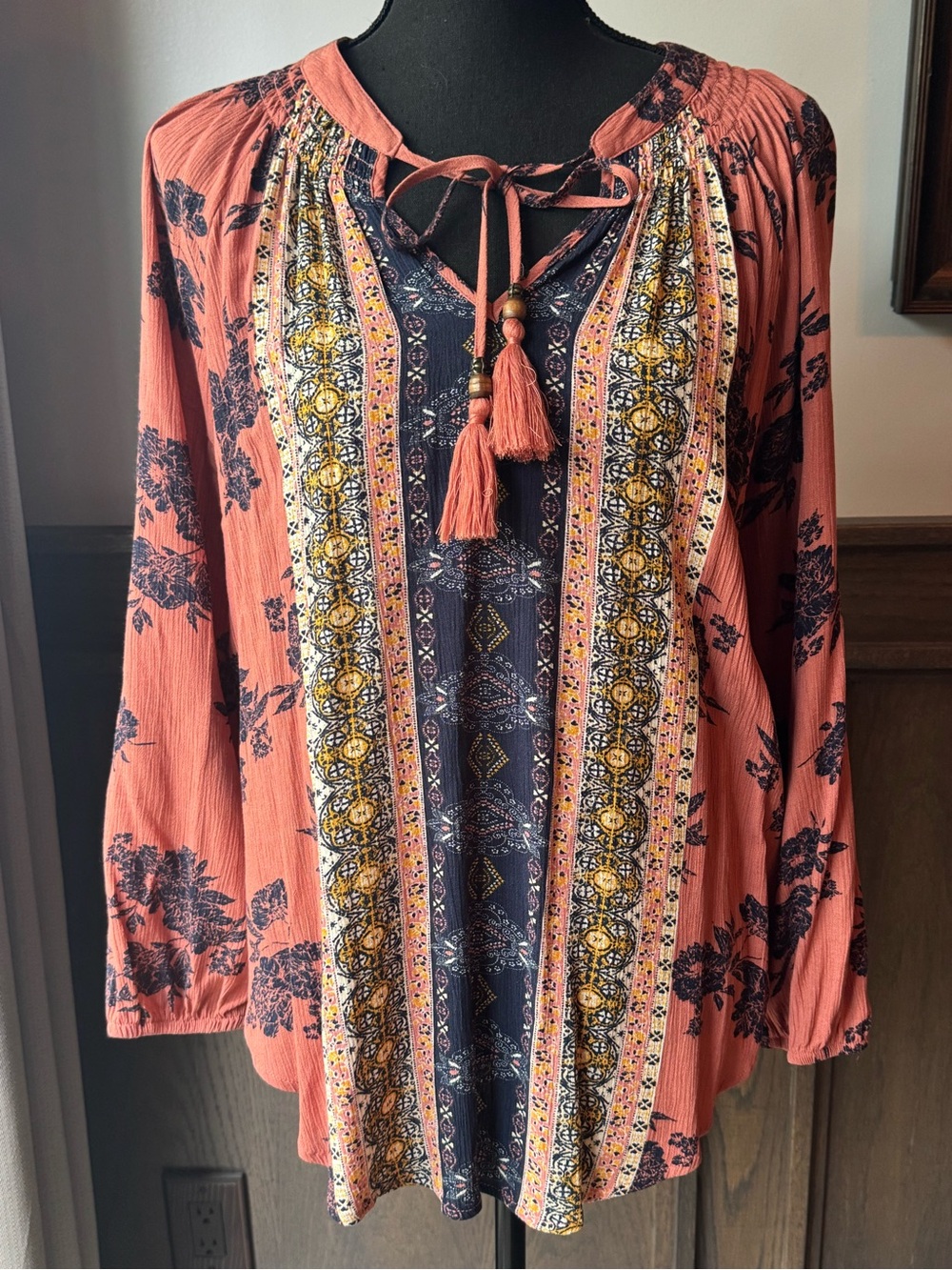 Women’s Coral and Navy Boho Tassel Tie Tunic medium